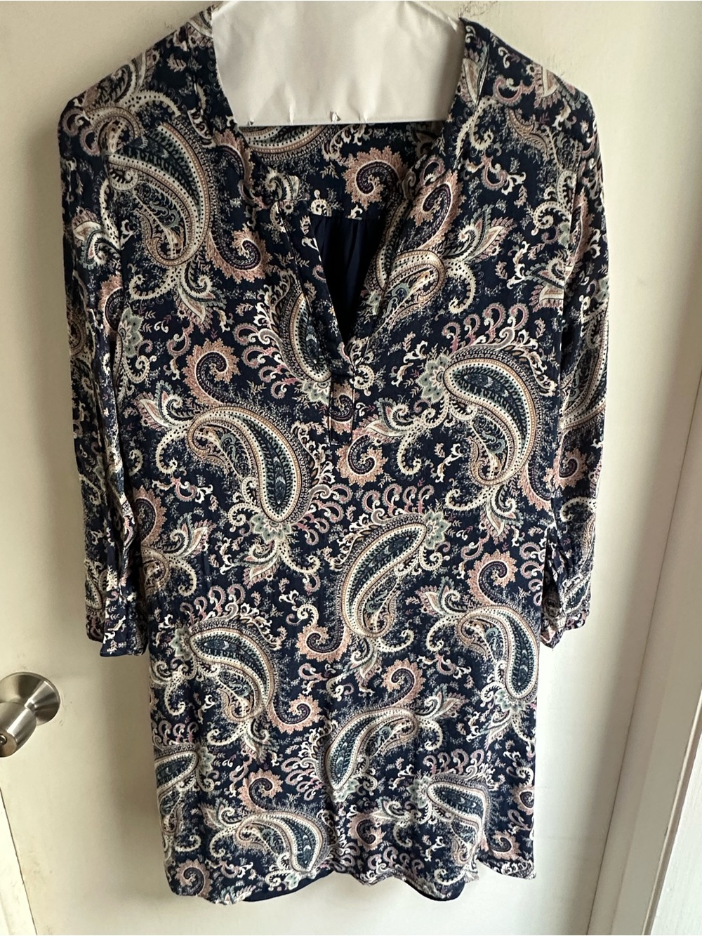 Daniel Rainn Womens Small Paisley Shift Dress Navy Boho 3/4 Sleeve Lined Rayon